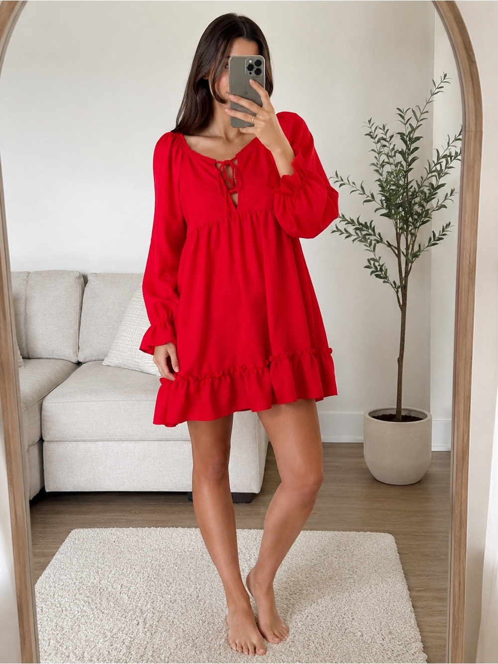 SHEIN Red Midi Peasant Dress with Ruffle Hem